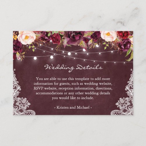 String Lights Burgundy Floral Lace Wedding Details Enclosure Card