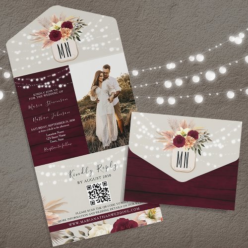 String Lights Burgundy Floral Wedding QR Code All In One Invitation