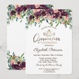 String Lights Burgundy Flowers Quinceañera  Invitation