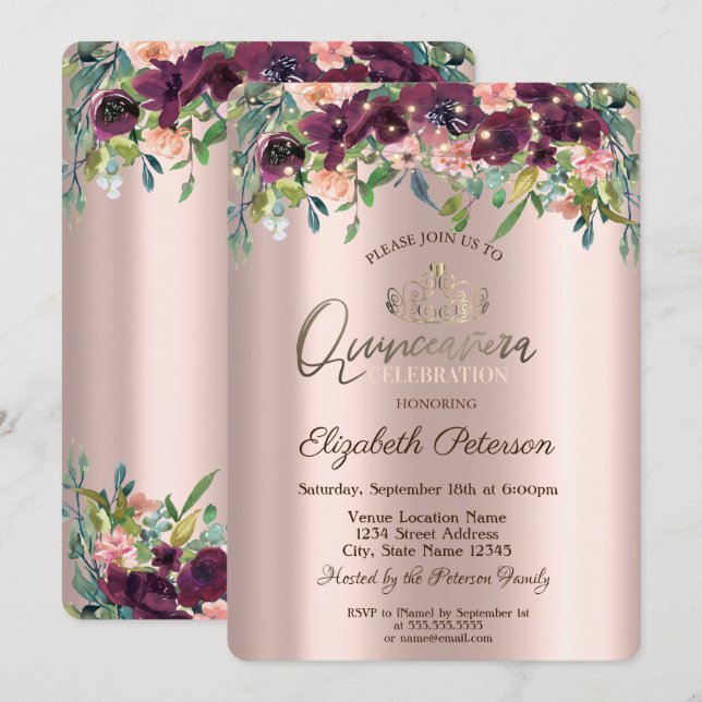 String Lights Burgundy Flowers Roses Quinceañera Invitation (Front/Back)
