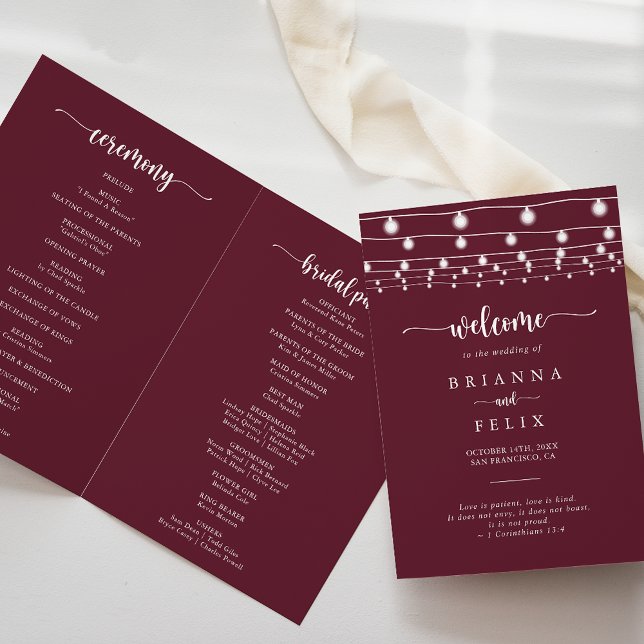 String Lights Burgundy Folded Wedding Program (Creator Uploaded)