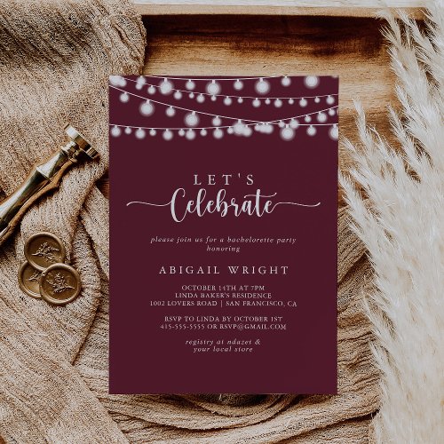 String Lights Burgundy Lets Celebrate Party   Invitation