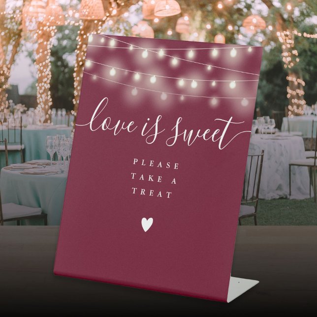 String Lights Burgundy Love Is Sweet Favor  Pedestal Sign (String Lights Burgundy Love Is Sweet Favor Pedestal Sign)