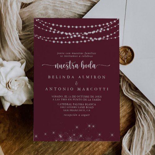 String Lights Burgundy Nuestra Boda Wedding  Invitation