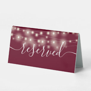 String Lights Burgundy Script Reserved Table Tent
