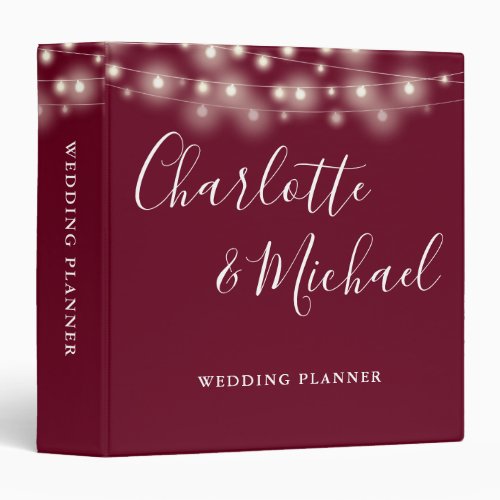 String Lights Burgundy Script Wedding Planner 3 Ring Binder