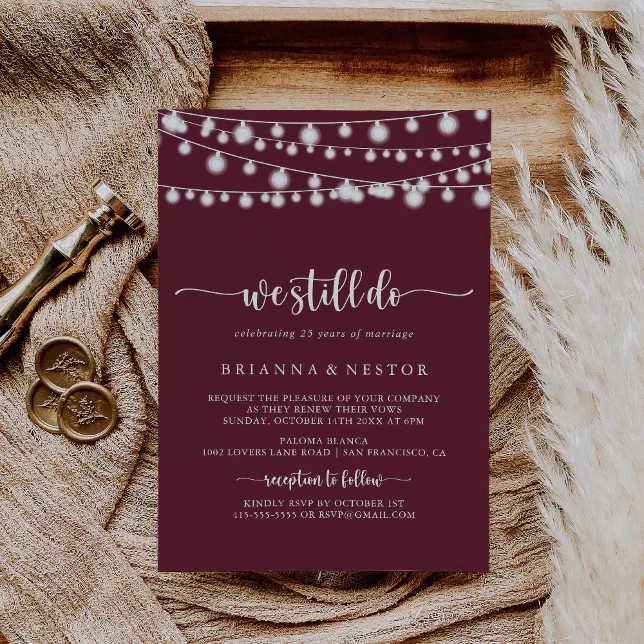 String Lights Burgundy We Still Do Vow Renewal Invitation | Zazzle