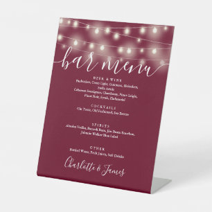 String Lights Burgundy Wedding Bar Menu Pedestal Sign