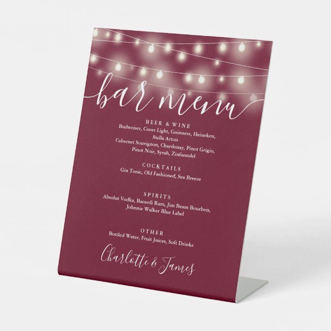 String Lights Burgundy Wedding Bar Menu Pedestal Sign (Front)