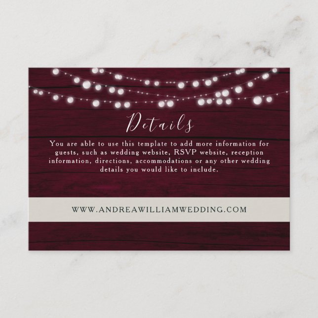 String Lights Burgundy Wedding Details Enclosure Card (Front)