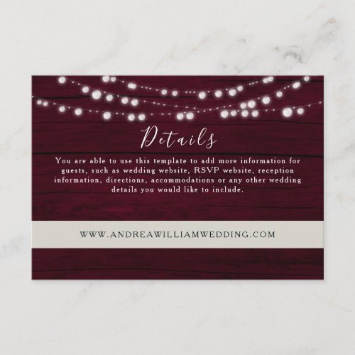 String Lights Burgundy Wedding Details Enclosure Card