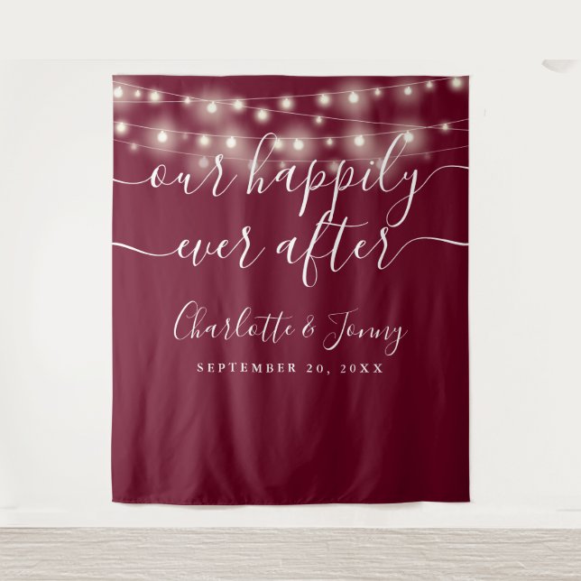 String Lights Burgundy Wedding Photo Backdrop (Front)