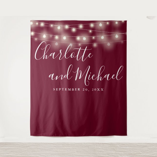 String Lights Burgundy Wedding Photo Backdrop (Front)