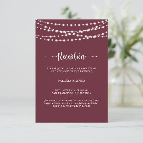 String Lights Burgundy Wedding Reception   Enclosure Card