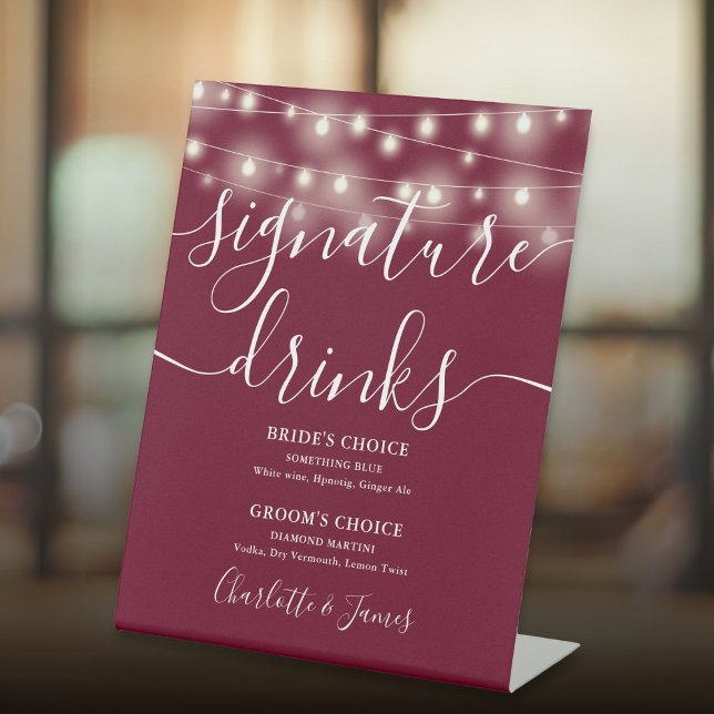 String Lights Burgundy Wedding Signature Drinks Pedestal Sign (String Lights Burgundy Wedding Signature Drinks Pedestal Sign)