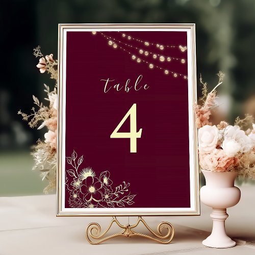 String Lights Burgundy Wedding Table Number