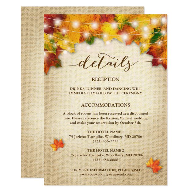 String Lights Burlap Autumn Leaves Wedding Detail Card