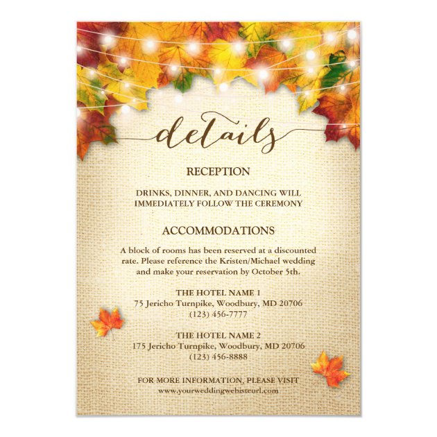 String Lights Burlap Autumn Leaves Wedding Detail Card