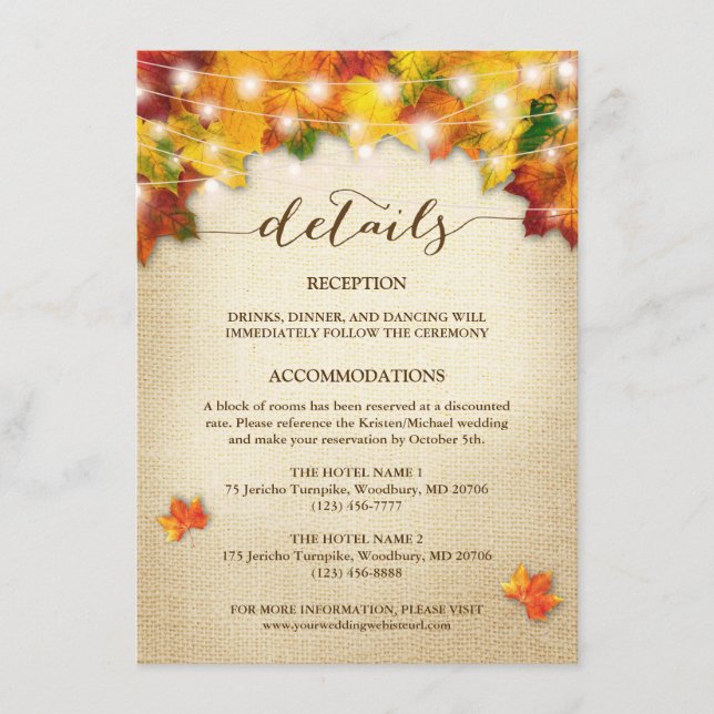 String Lights Burlap Autumn Leaves Wedding Detail Enclosure Card (Front)