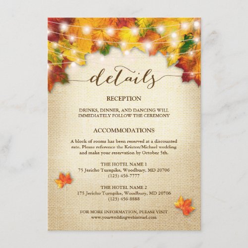 String Lights Burlap Autumn Leaves Wedding Detail Enclosure Card