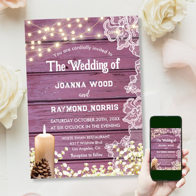 String Lights Candles & Lace Rustic Purple Wedding Invitation (Creator Uploaded)