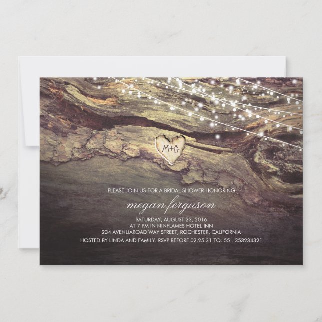 String Lights Carved Heart Rustic Bridal Shower Invitation (Front)