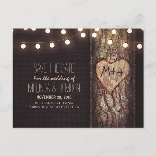 String lights carved heart rustic save the date announcement postcard