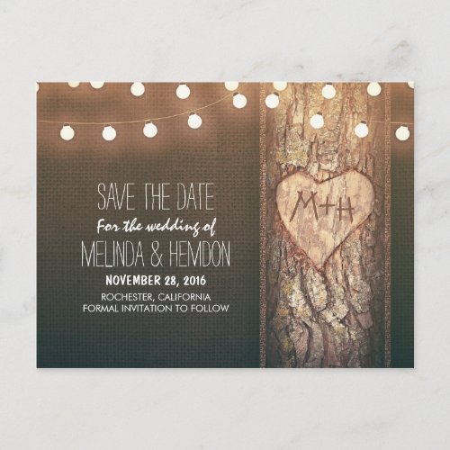 String lights carved heart rustic save the date announcement postcard
