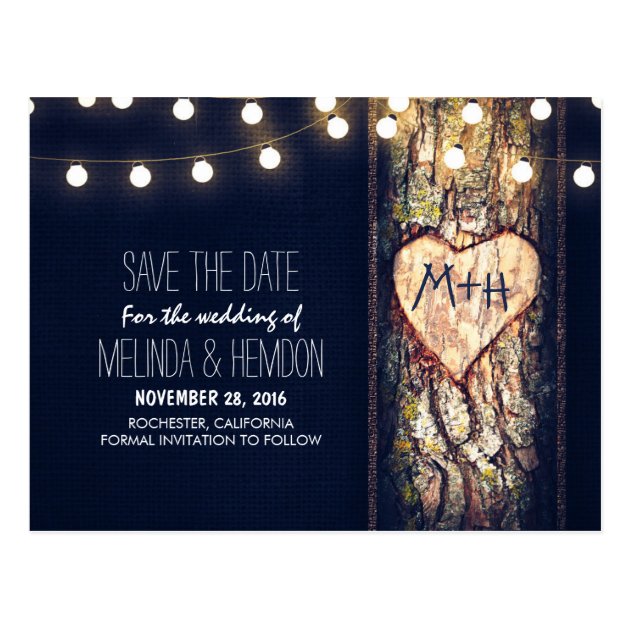 String Lights Carved Heart Rustic Save The Date Postcard