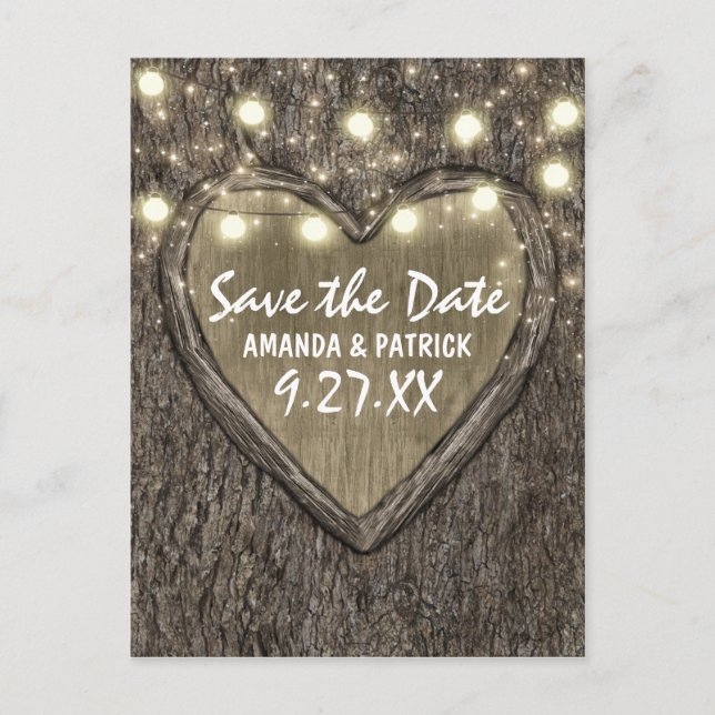 String Lights Carved Oak Tree Save The Date Cards (Front)