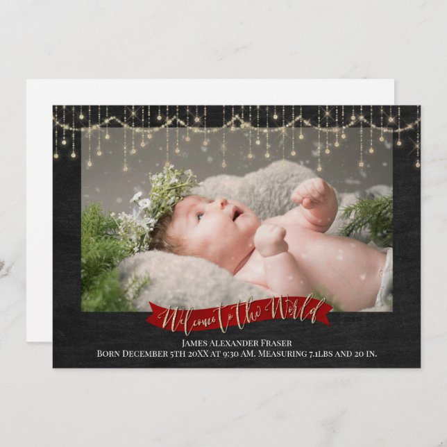 String Lights Chalkboard Photo Birth Announcement (Front/Back)