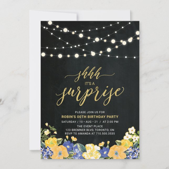String Lights & Chalkboard Surprise Birthday Party Invitation (Front)