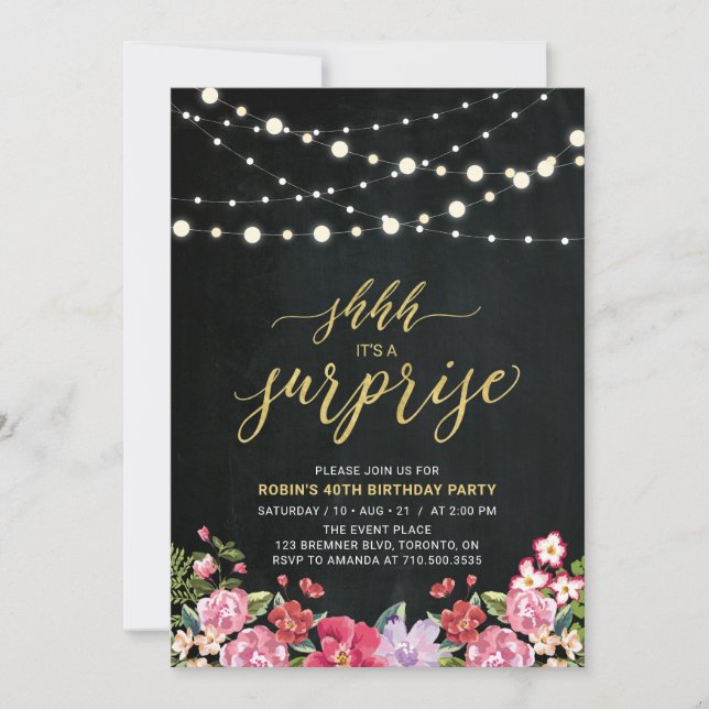 String Lights & Chalkboard Surprise Birthday Party Invitation (Front)