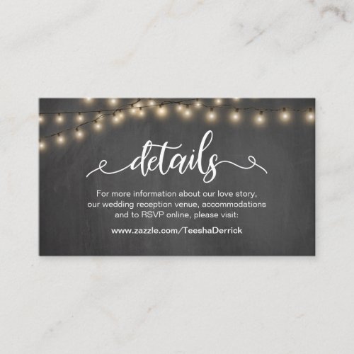 String lights Chalkboard white Wedding Details Enclosure Card