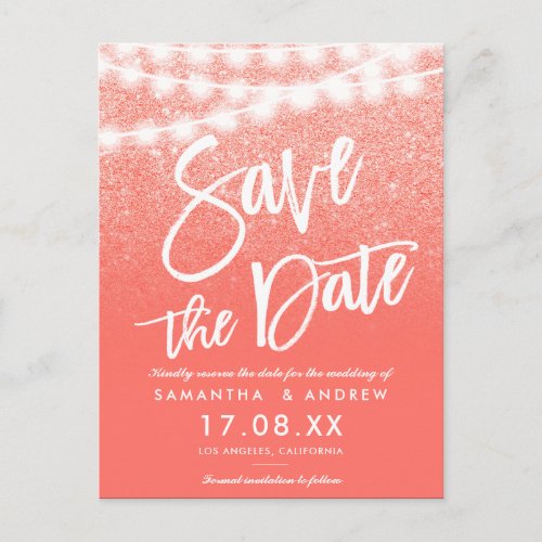 String lights coral glitter bright save the date announcement postcard