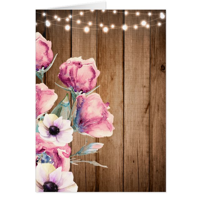 String Lights & Country Flowers Rustic Barn Wood Cards (Front)