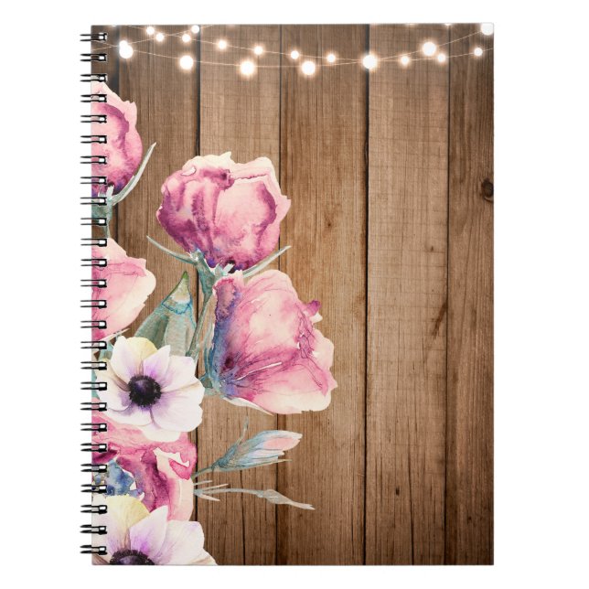 String Lights & Country Flowers Rustic Barn Wood Notebook (Front)
