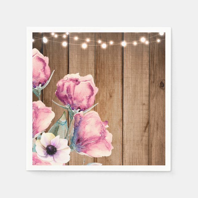 String Lights & Country Flowers Rustic Barn Wood Paper Napkins (Front)