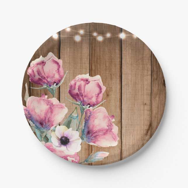 String Lights & Country Flowers Rustic Barn Wood Paper Plates (Front)
