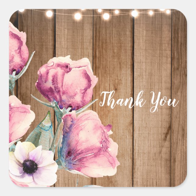 String Lights & Country Flowers Rustic Barn Wood Square Sticker (Front)