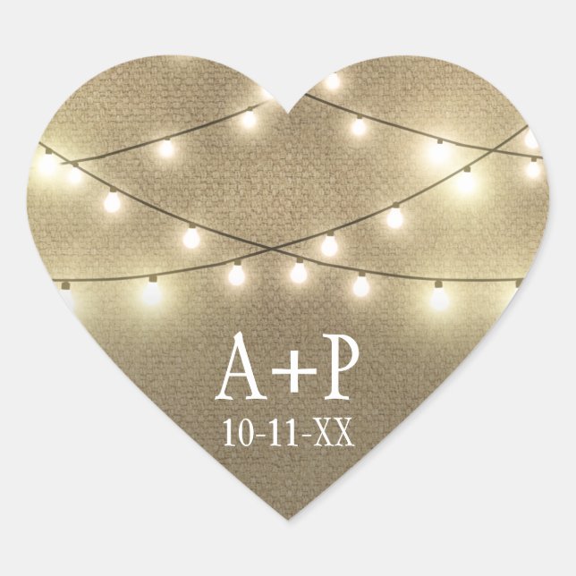 String Lights Country Rustic Burlap Wedding Favors Heart Sticker (Front)