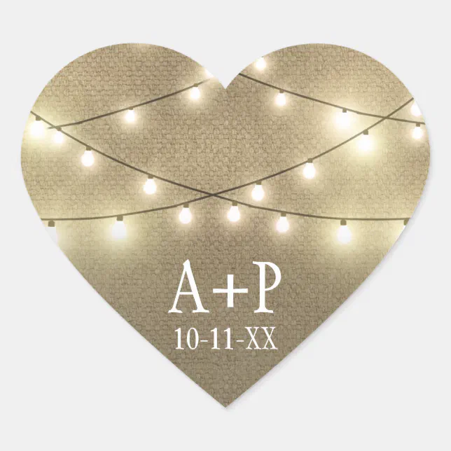 String Lights Country Rustic Burlap Wedding Favors Heart Sticker | Zazzle