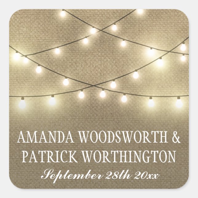 String Lights Country Rustic Burlap Wedding Favors Square Sticker (Front)