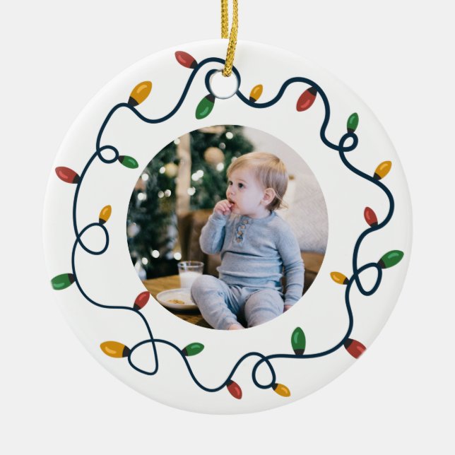 String Lights Custom Photo Baby 1st Christmas Ceramic Ornament (Front)