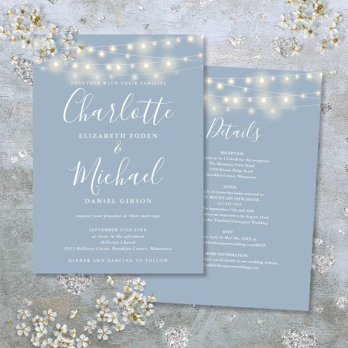 String Lights Dusty Blue All In One Simple Wedding Invitation