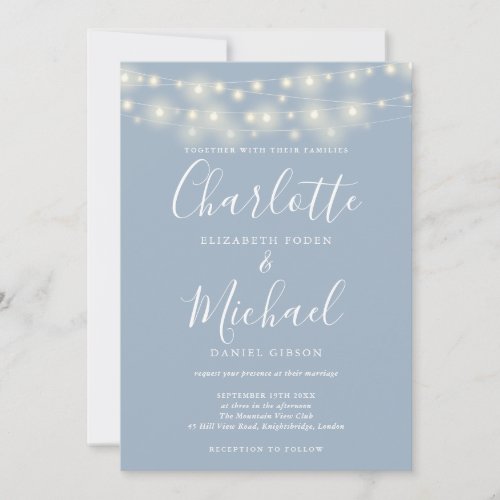 String Lights Dusty Blue Elegant Script Wedding  Invitation