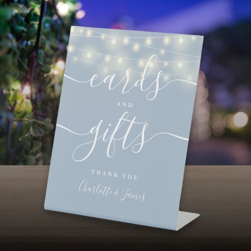String Lights Dusty Blue Script Cards And Gifts Pedestal Sign