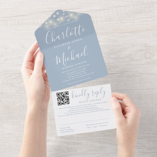 String Lights Dusty Blue Script QR Code Wedding All In One Invitation (Tearaway)