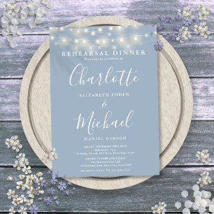 String Lights Dusty Blue Script Rehearsal Dinner Invitation