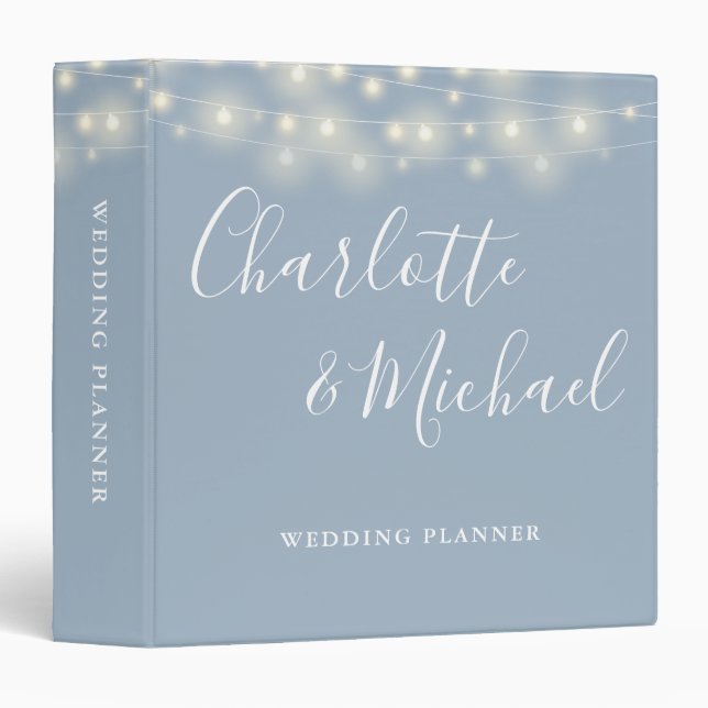 String Lights Dusty Blue Script Wedding Planner 3 Ring Binder (Front/Spine)